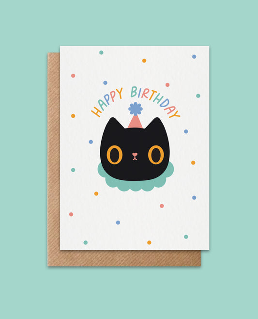Party Cat Birthday Card - eco friendly recycled - super cute kawaii greeting card