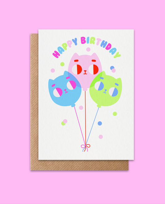 Cute cat birthday card with 3 cat balloon illustrations and bubble font 'Happy Birthday' message
