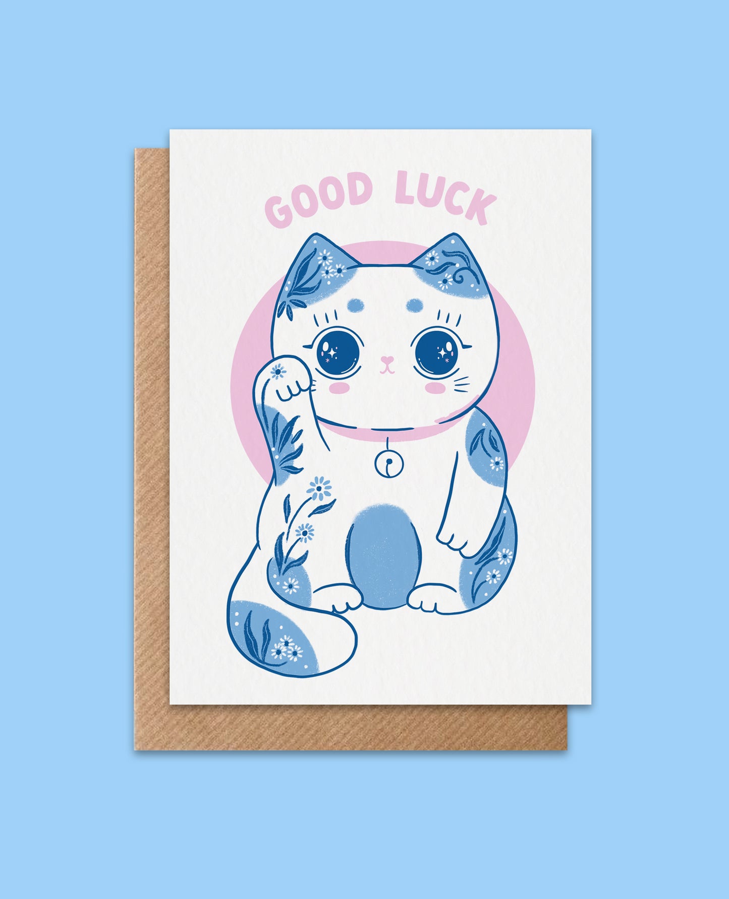Good luck card featuring a lucky cat design, eco-friendly and blank inside, paired with a recycled kraft envelope, perfect for cat lovers and special occasions.