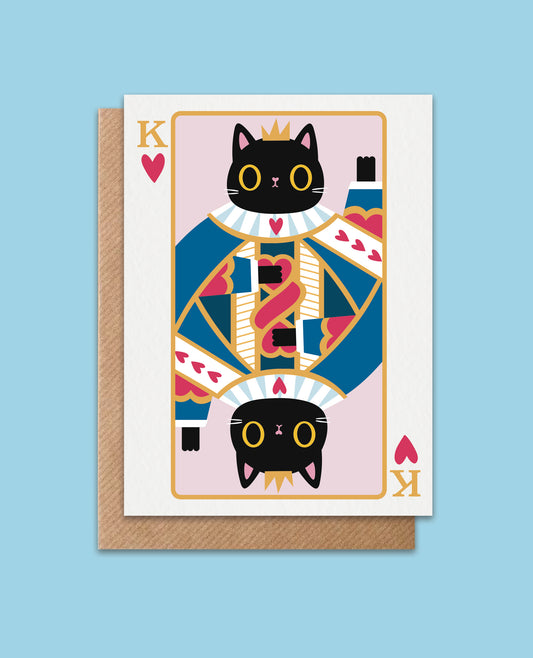 Valentine’s or anniversary card featuring a cute black cat dressed as the King of Hearts, perfect for cat lovers.