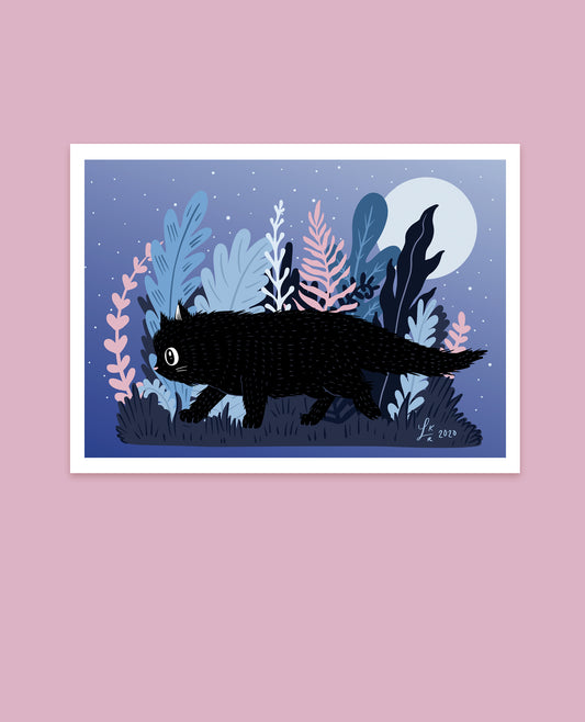 Whimsical cat art print featuring Coco the cat prowling under a moonlit sky with stars, perfect for cat lovers and home decor