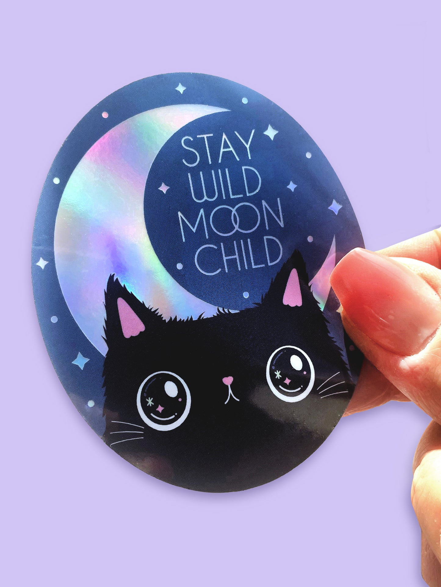 Stay Wild Moon Child black cat  holographic vinyl sticker