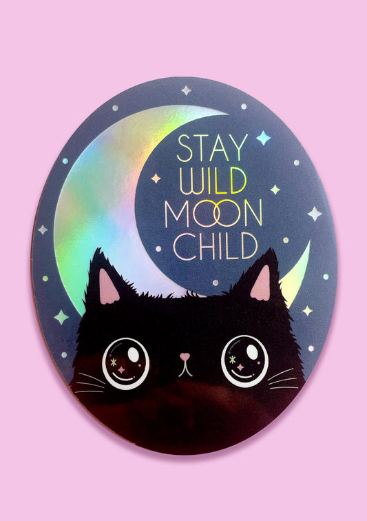 Wild Moon Child Black Cat Holographic Vinyl Sticker featuring a mystical black cat beneath a shimmering moon – ideal for cat lovers and kawaii fans.