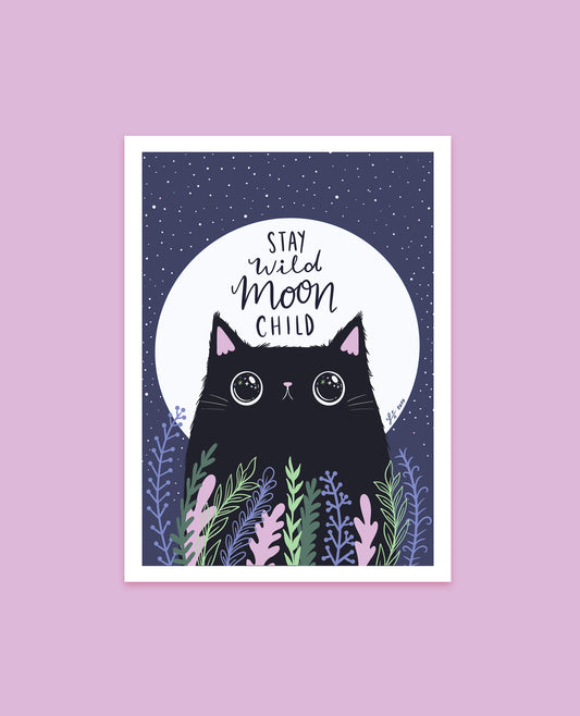 Stay Wild Moon Child Cat Art Print featuring a mystical cat gazing at a starry night sky illuminated by a full moon – ideal for cat lovers and whimsical art enthusiasts.