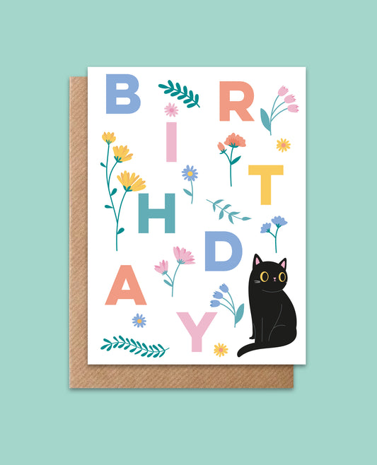 Happy Birthday Card - black cat with flowers -  eco friendly card