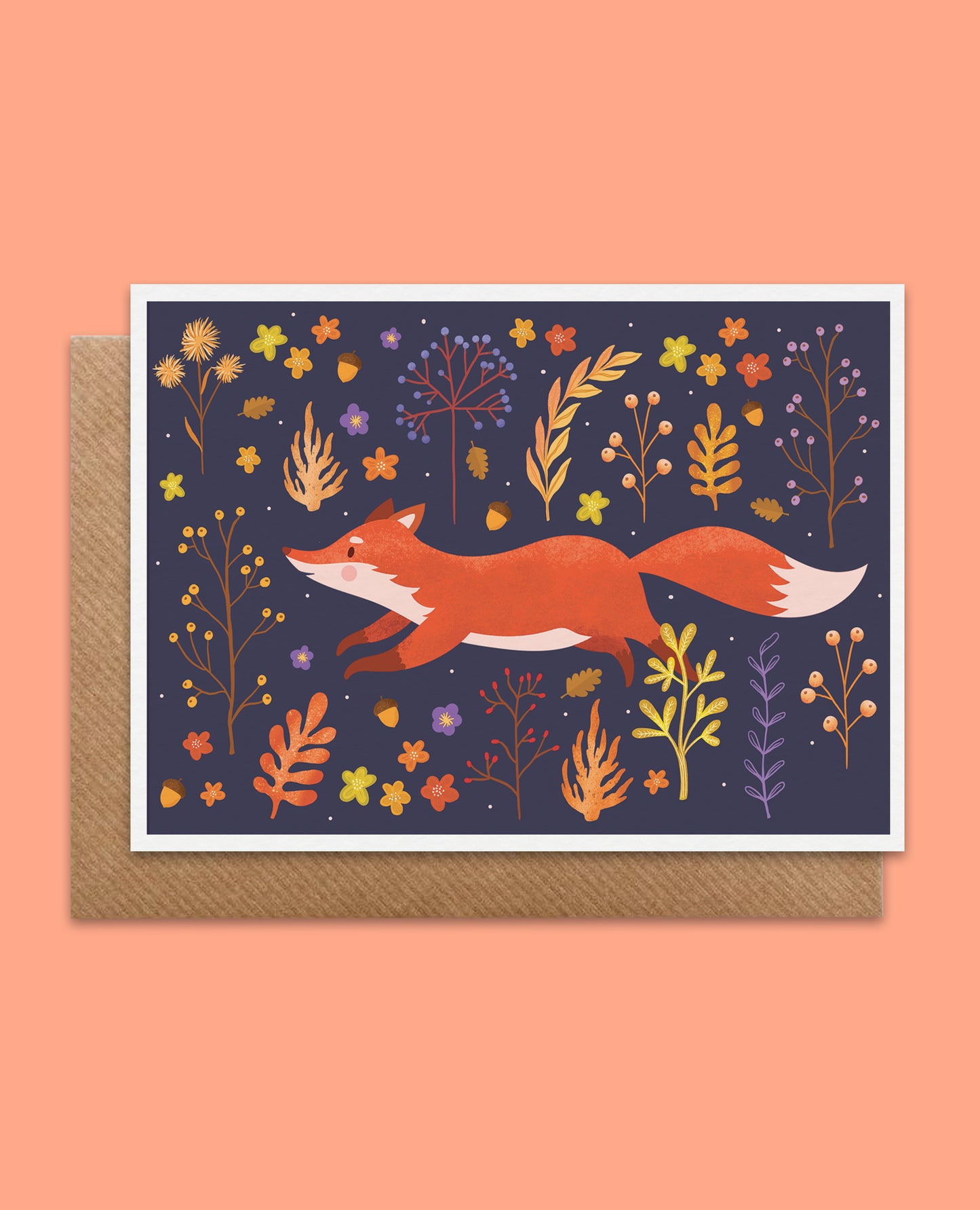 Whimsical fox card featuring a fox surrounded by plants and flowers on a navy background, perfect for nature and fox lovers