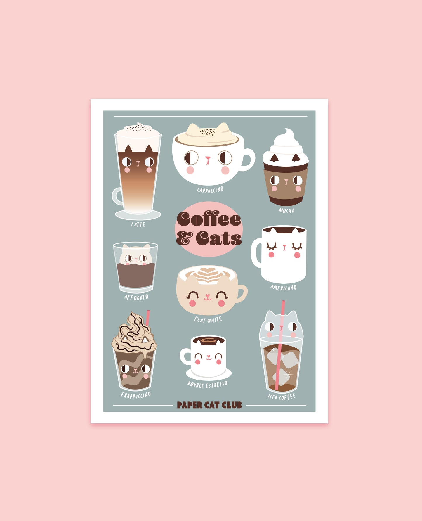 Coffee and cats art print, kitty café menu with cappuccino, espresso, and latte, perfect for cat lovers and coffee lovers, A5 and A4 sizes