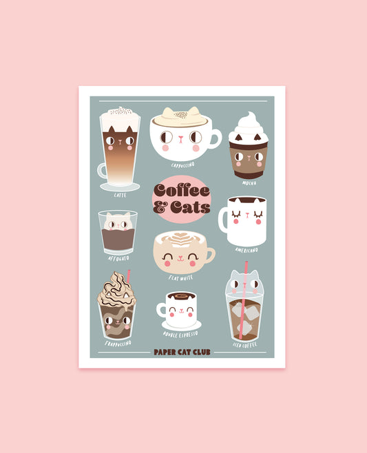 Coffee and cats art print, kitty café menu with cappuccino, espresso, and latte, perfect for cat lovers and coffee lovers, A5 and A4 sizes