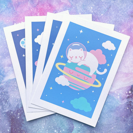 Kawaii Cosmic Kitty space cat mini print, A6 cat art for cat lovers, cute astronaut cat prints
