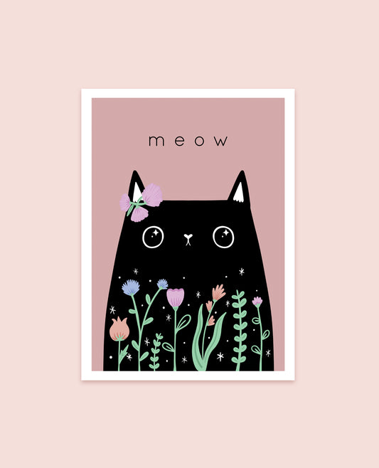 Floral cat art print with a cute kitty saying 'meow', perfect for cat lovers and home décor