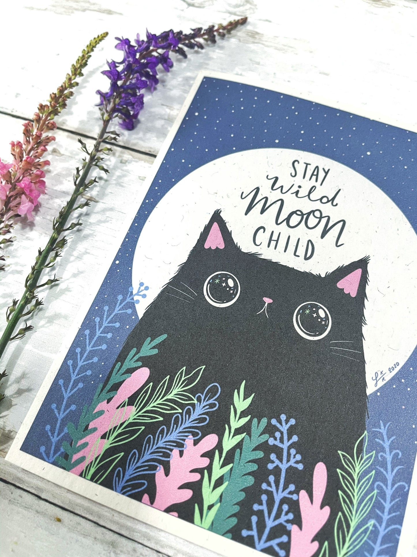Stay wild moon child greeting card black cat card under the moon greeting card
