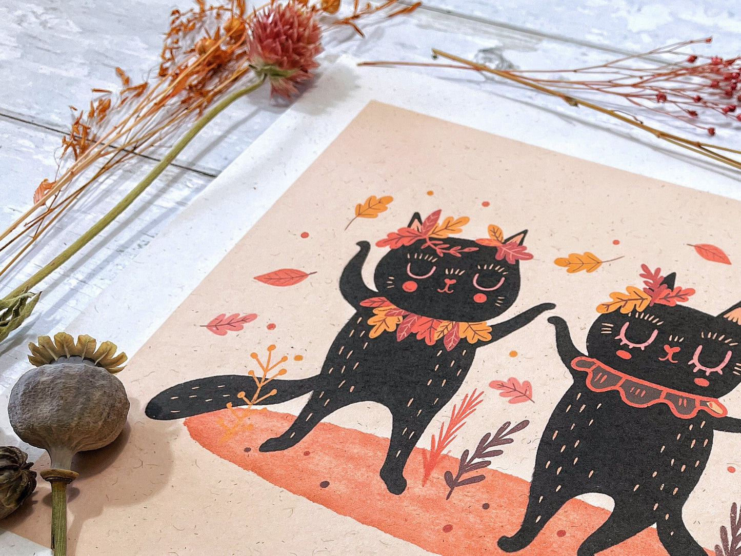 Cute autumn black cats art print halloween autumn fall