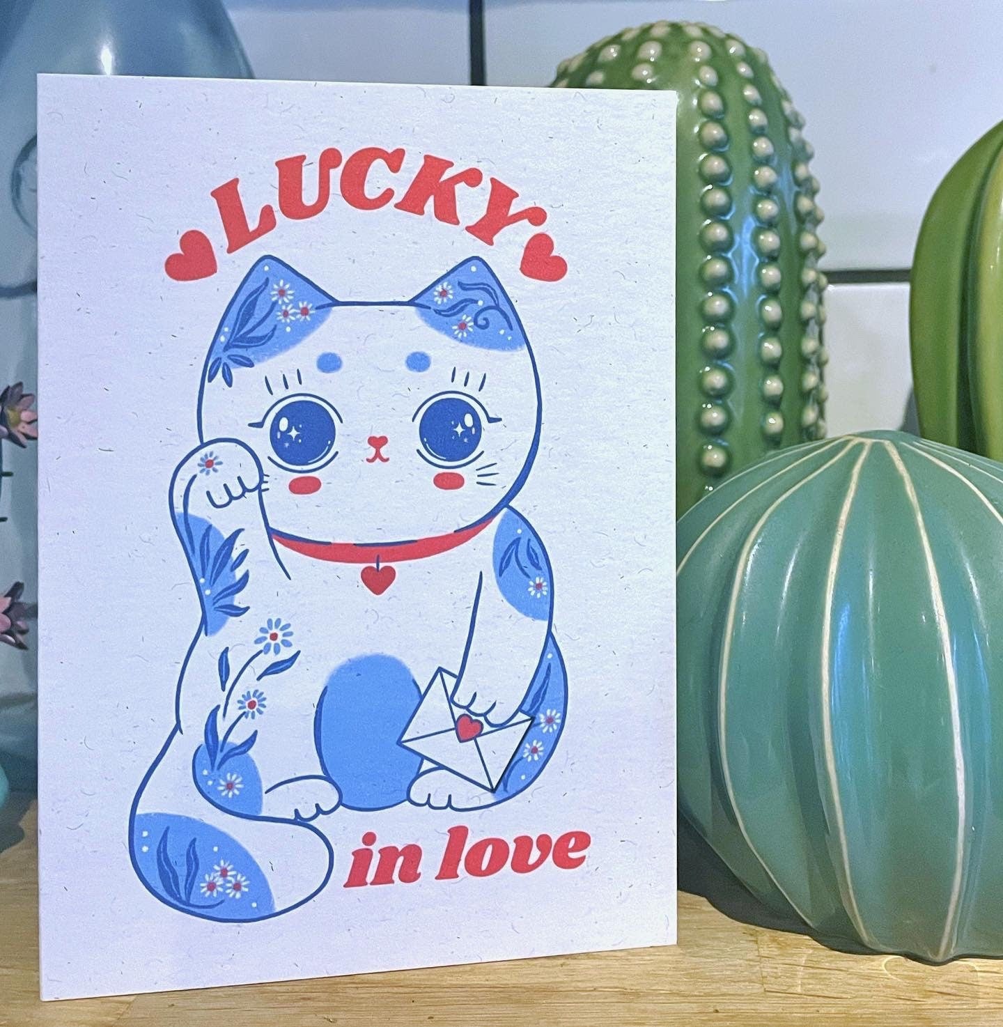 Lucky Cat Valentines Card- Maneki Neko card - love eco friendly small business