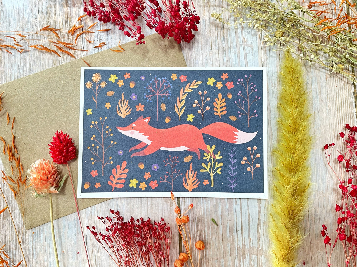 Eco friendly wildflower fox general greeting card A6 greeting card on recycled stock, blank for your own message