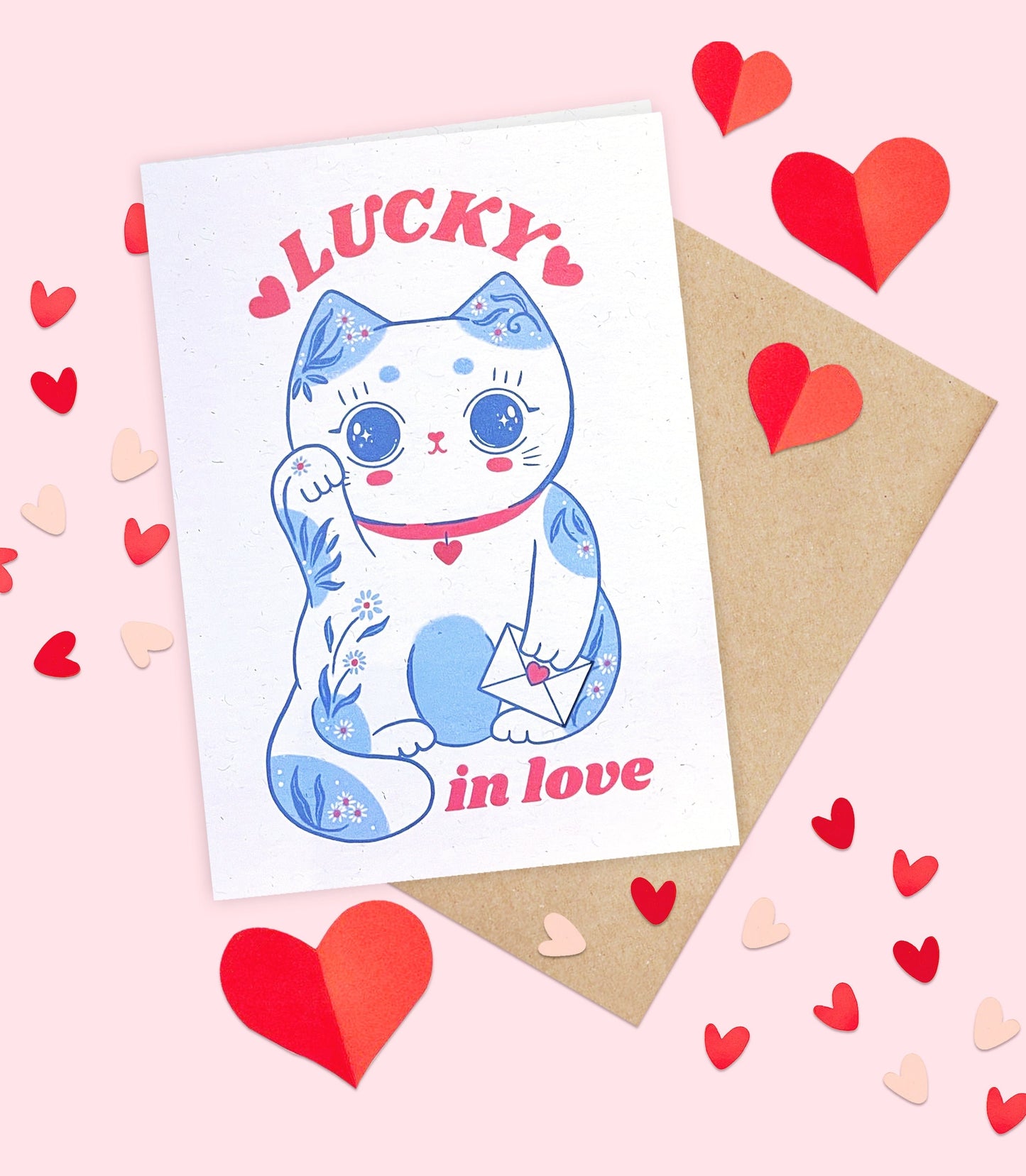 Lucky Cat Valentines Card- Maneki Neko card - love eco friendly small business