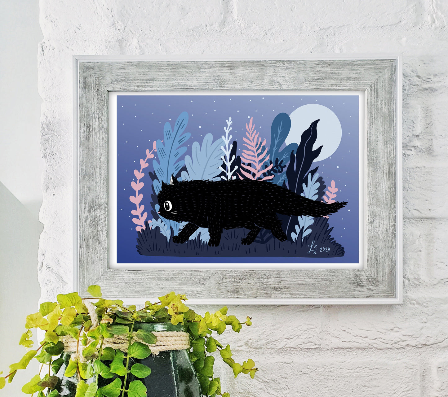 Midnight Adventure - Black cat under moon and stars art print