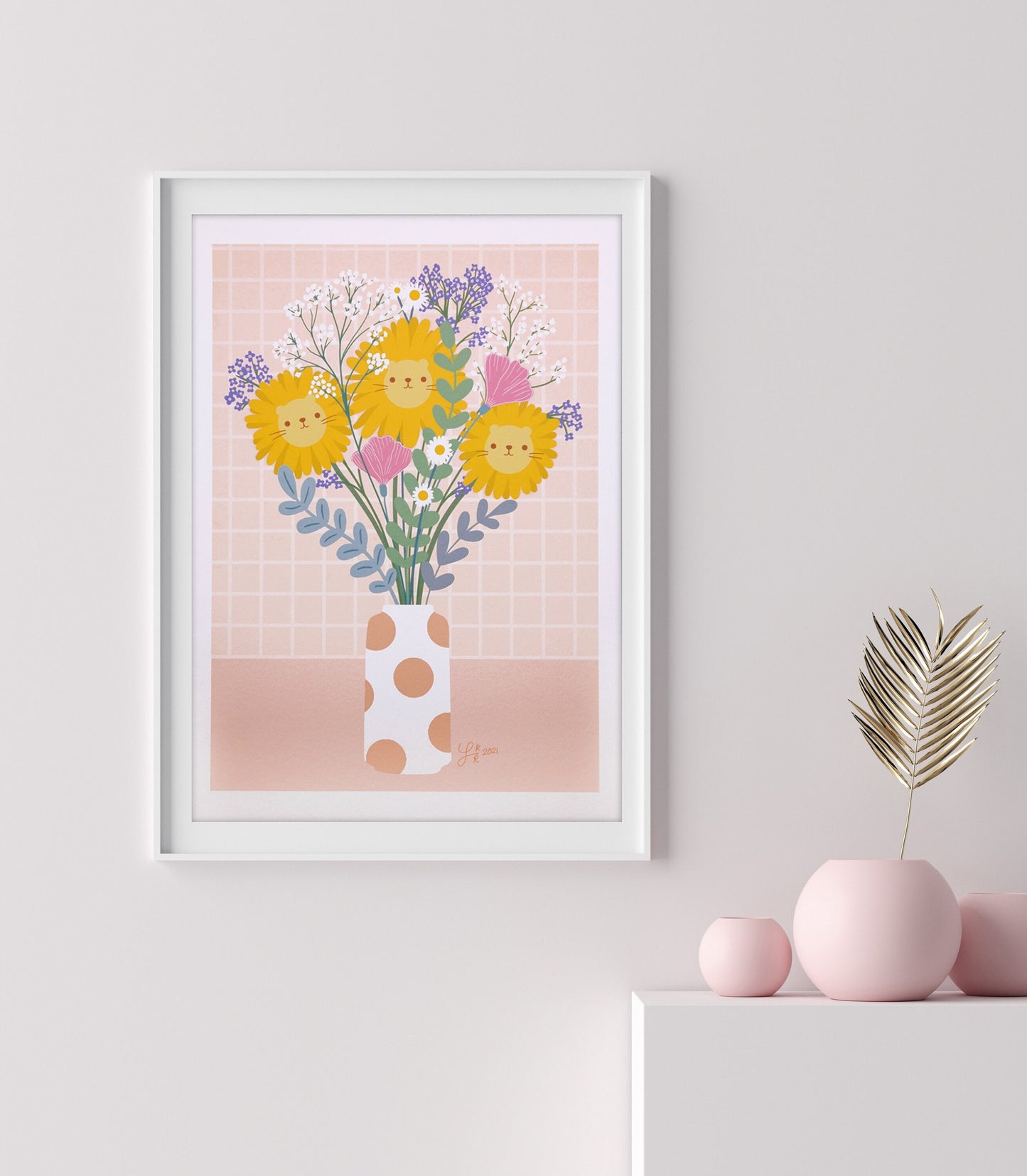 Floral sunflowers lions bouquet in vase cute art print
