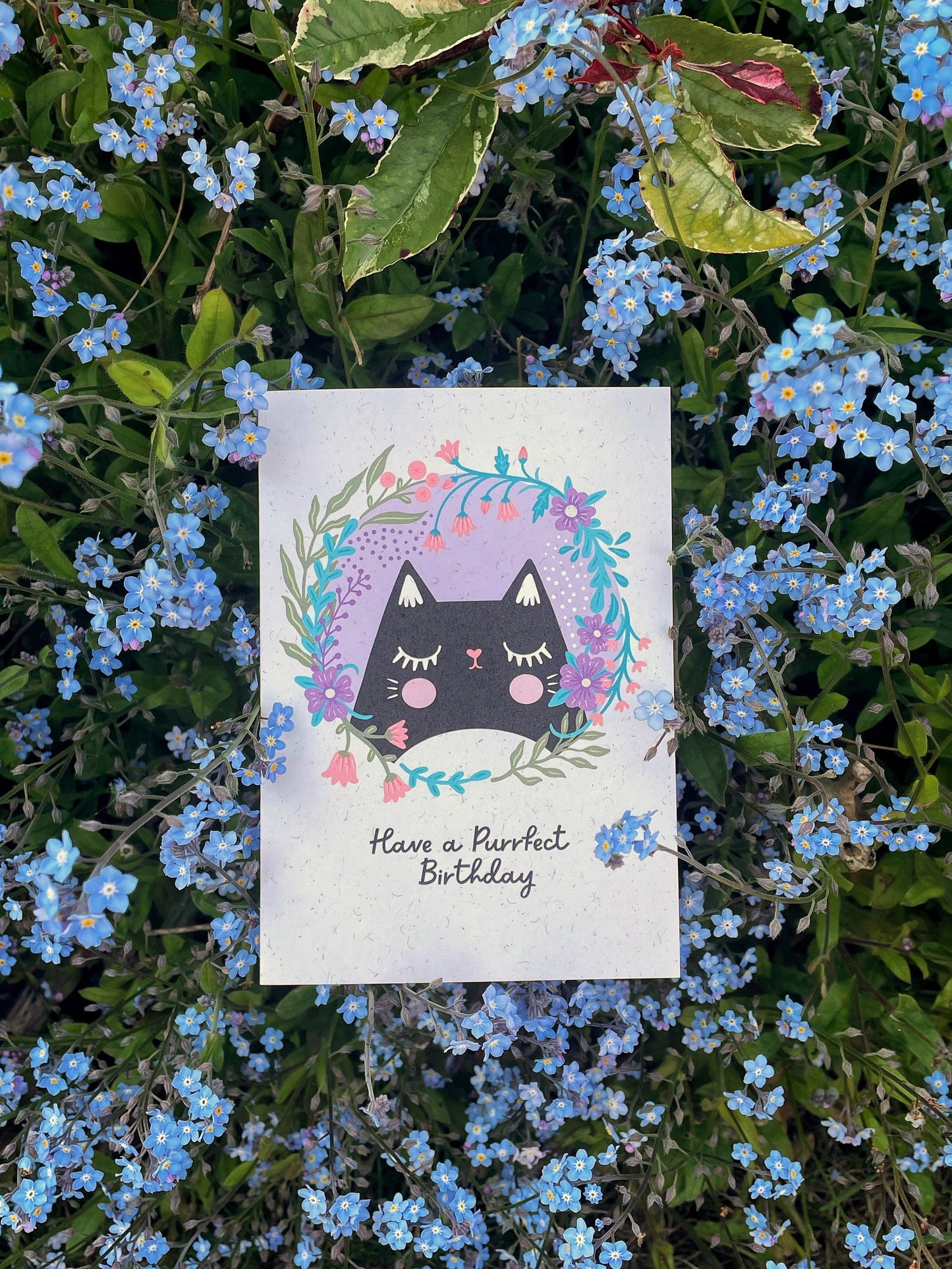 Happy birthday black cat flowers card A6 greeting card on recycled card