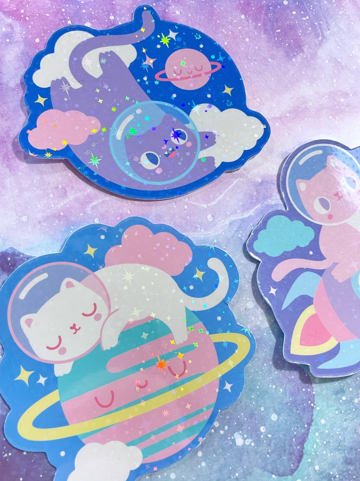 Cosmic Kittys Super sparkly glitter stickers - kawaii vinyl stickers