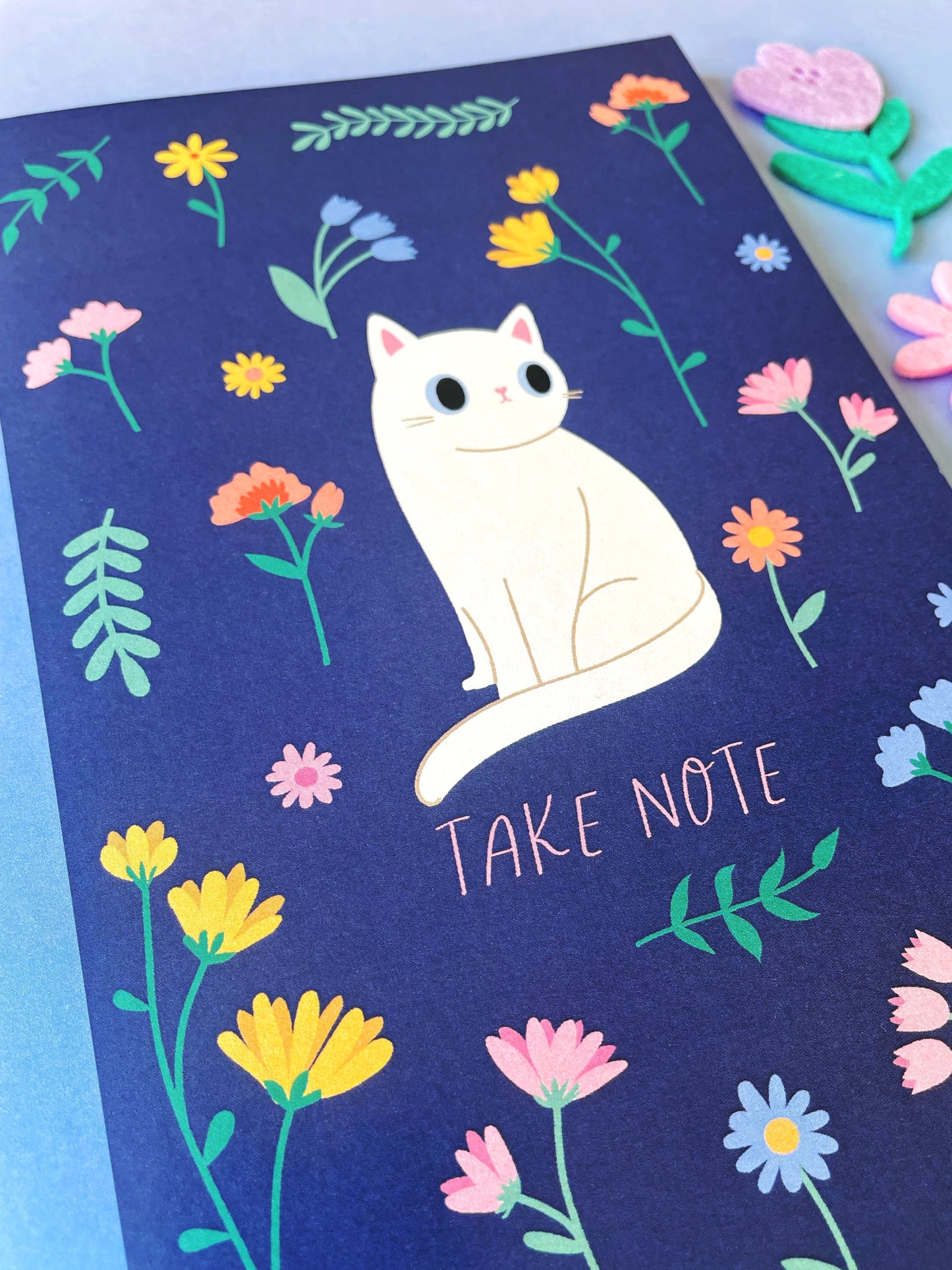 Wildflower A5 Notebook Navy with white cat version - recycled & eco friendly